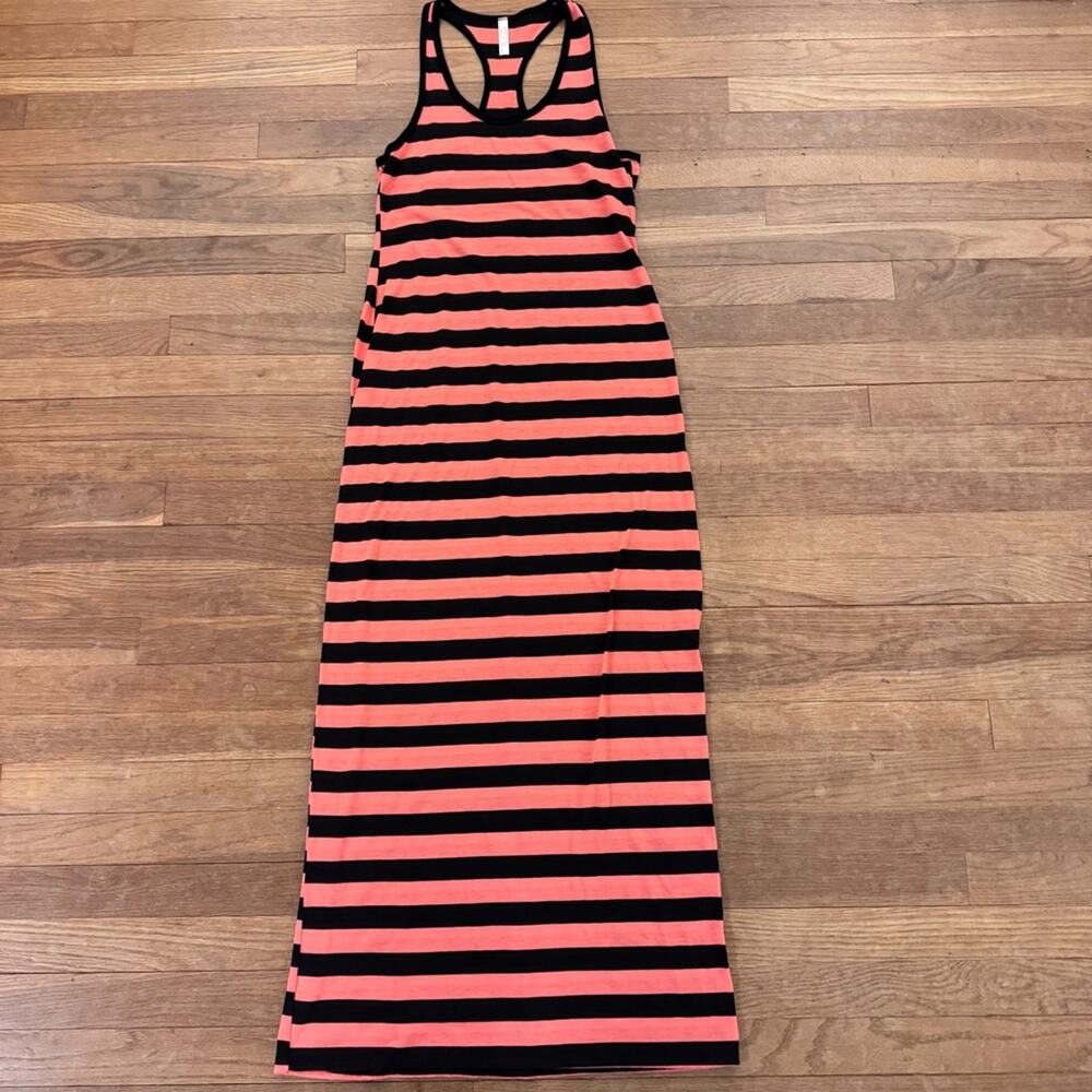 Hot Luxx Women's Orange Coral Black Striped Maxi Beach Dress - Size Small
 b90